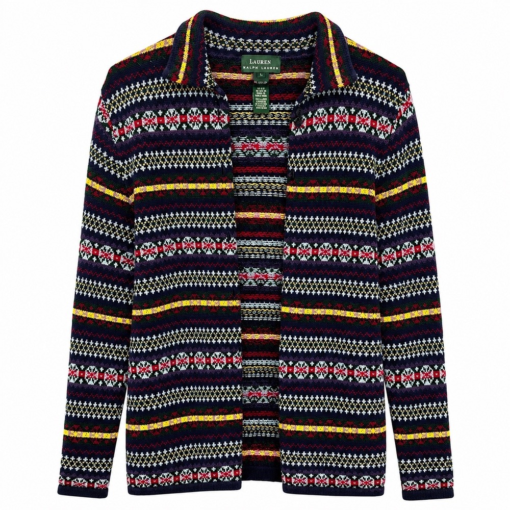 Lauren Ralph Lauren Fair Isle LambsWool Cardigan Sweater Women L Vintage Nordic